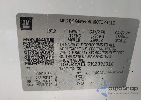 2019 Chevrolet Silverado 1500 Work Truck z USA, uszkodzony, nr VIN 1GCRYAEH7KZ392316